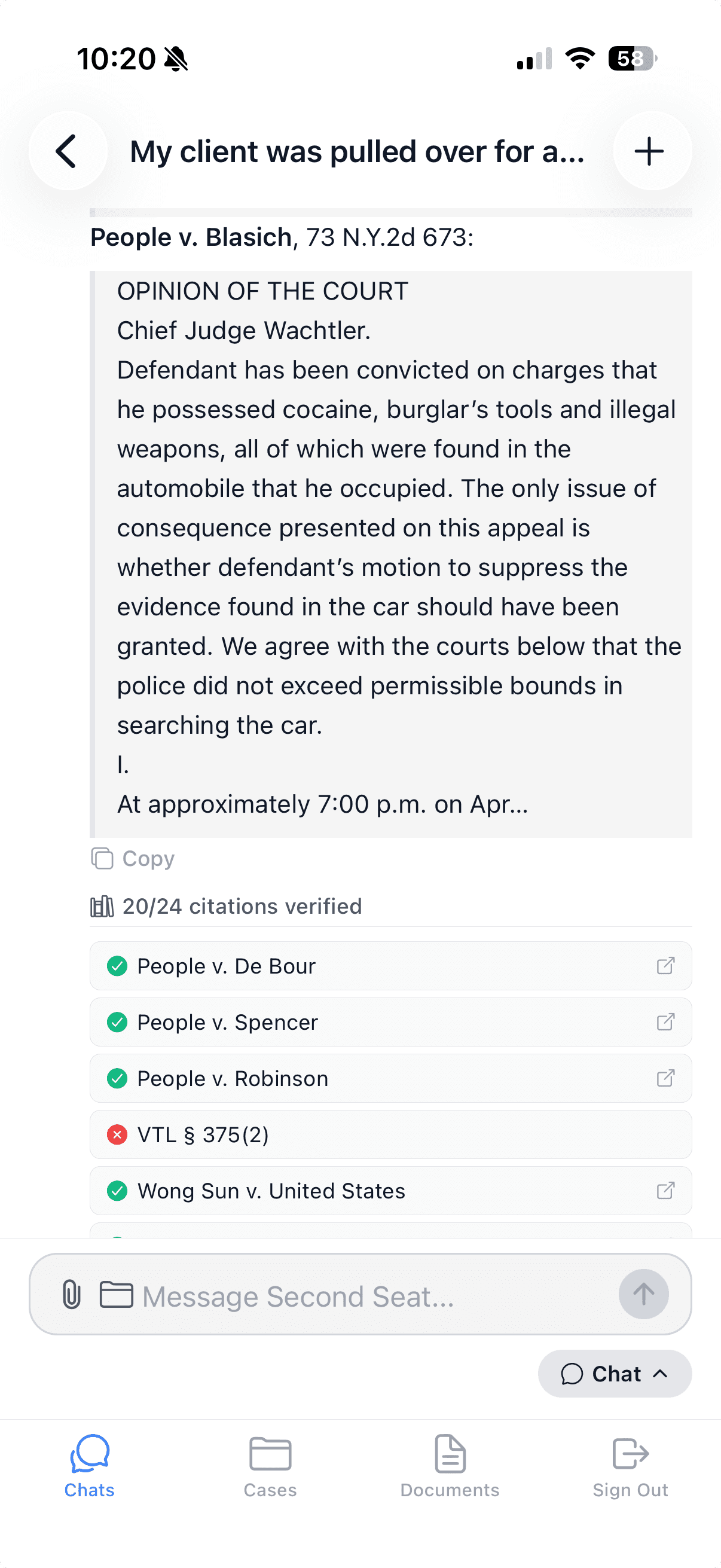 Second Seat mobile app — case law research with citation verification